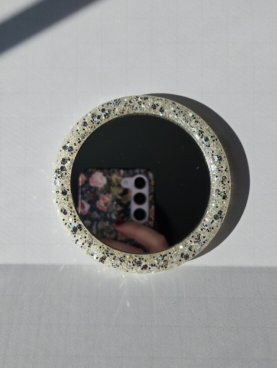 Handmade Other - Handmade Round Pocket Resin Mirror with White and Silver Glitter